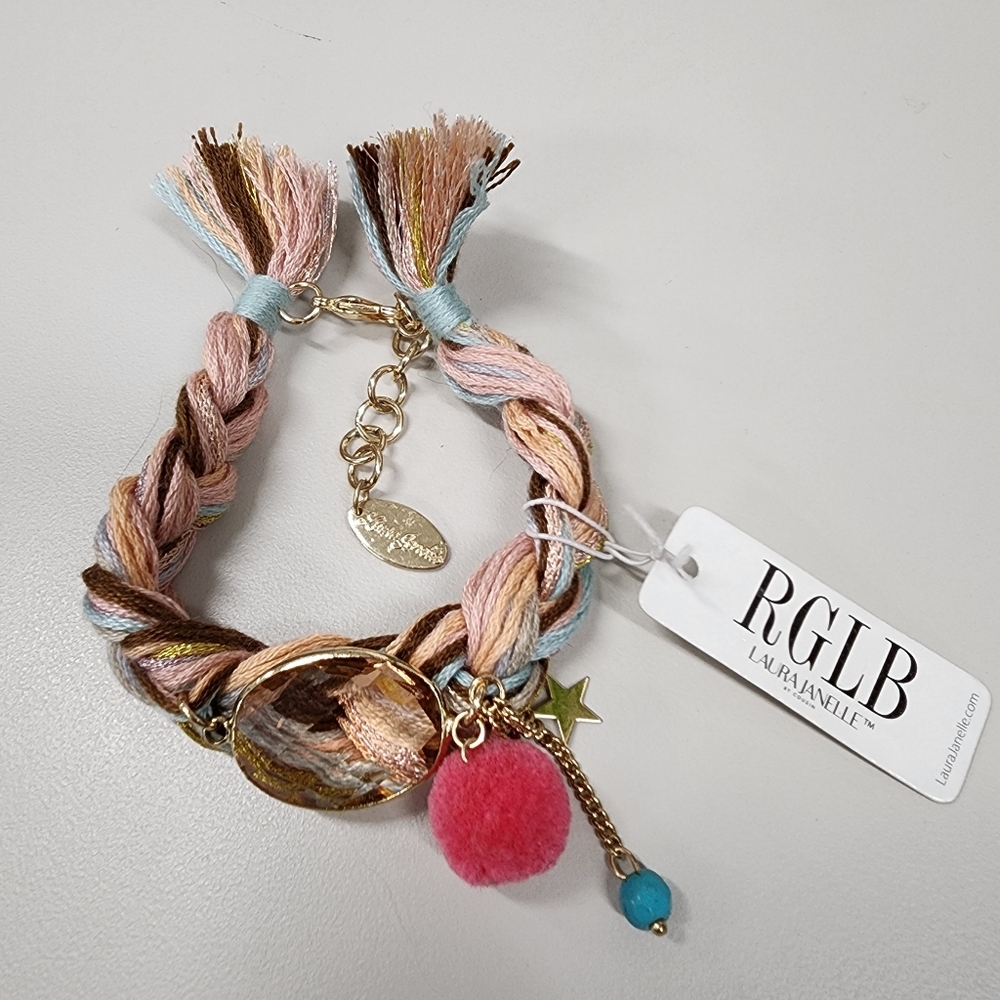 Laura Janelle RGLB Boho Braided Bracelet Multicolor Gold Tone Star Pom Pom Stone